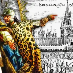 Dwóch mężczyzn w strojach historycznych wskazuje na Kreml, na tle rysunku przedstawiającego miasto i ludzi.