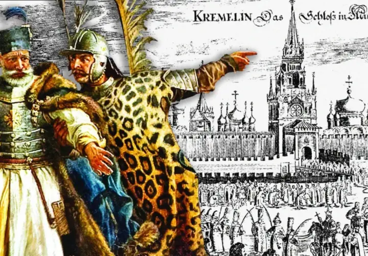 Dwóch mężczyzn w strojach historycznych wskazuje na Kreml, na tle rysunku przedstawiającego miasto i ludzi.