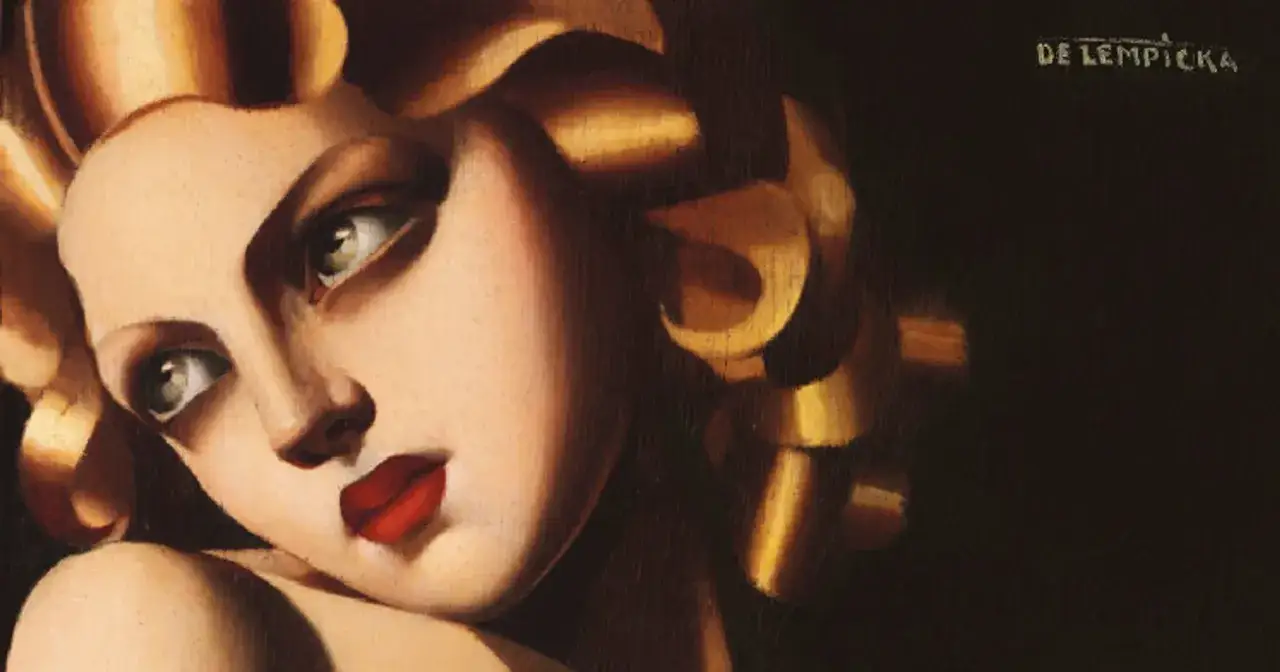 Portret kobiety w stylu art déco z charakterystyczną fryzurą i czerwonymi ustami.